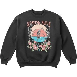 Obsessive Love Staying Alive Skeleton Graphic Sweatshirt Charcoal Grey Pullover